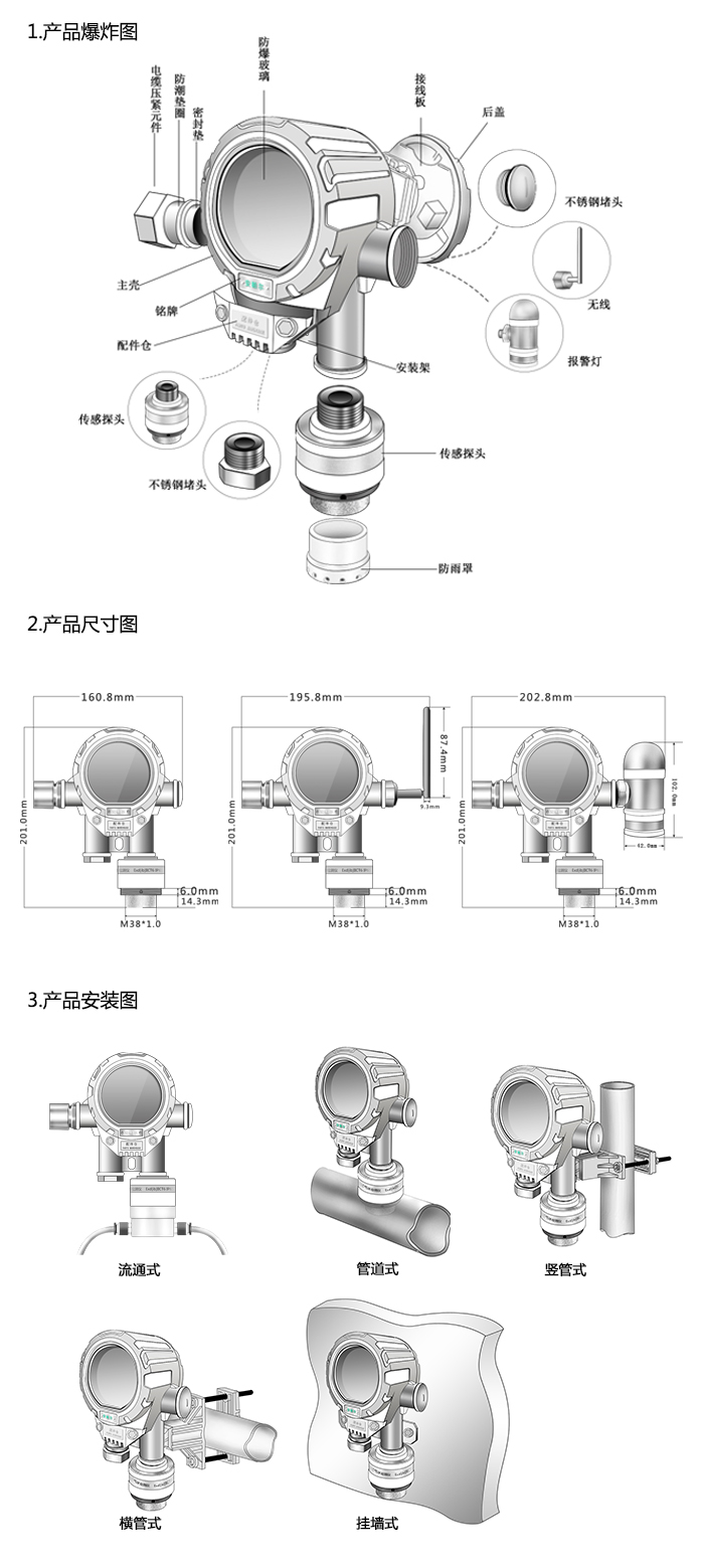 機氣貓固定在線式1-氯-2-甲基丙烷氣體檢測儀帶顯示型網絡版尺寸與安裝圖